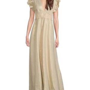 Gold V-Neck Flutter Sleeve Maxi Dress
